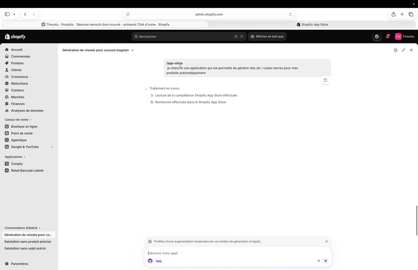 Utilisation de la compétence app-store pour chercher une application de génération de SKU