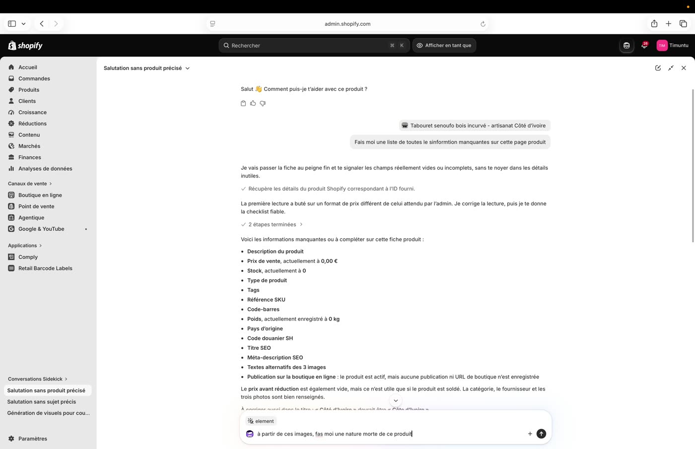 Réponse de Sidekick listant les informations manquantes d'une fiche produit