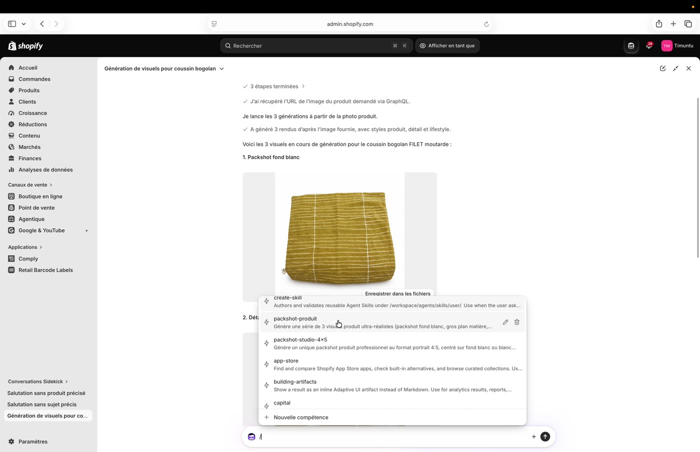 Liste des compétences disponibles dans Sidekick, dont packshot-produit et packshot-studio-4x5