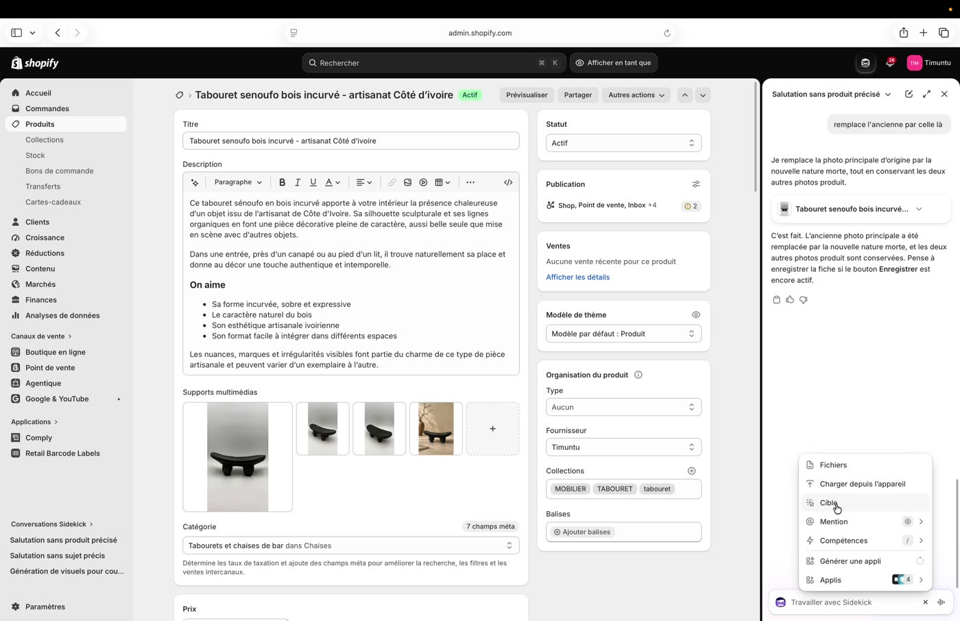 La description rédigée par l'IA apparaît directement dans le champ Description de la fiche produit