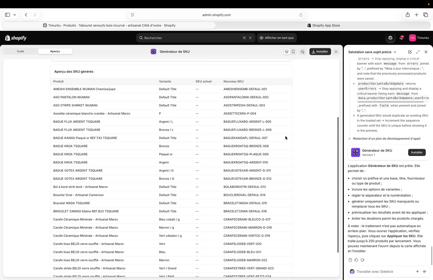 Aperçu de l'application Générateur de SKU avec le tableau des SKU proposés