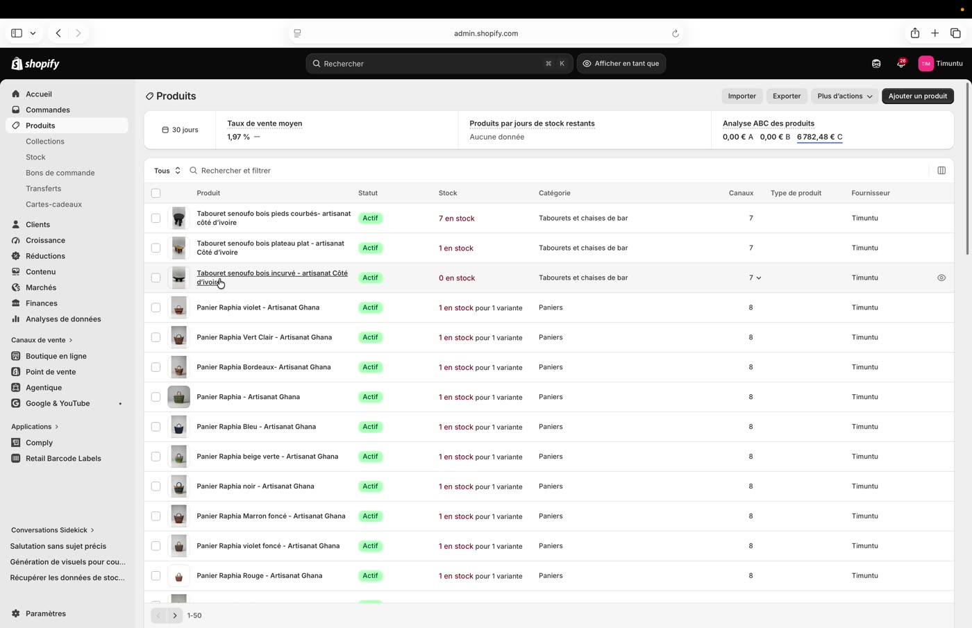 Liste des produits dans l'admin Shopify avec les colonnes statut, stock, catégorie et canaux