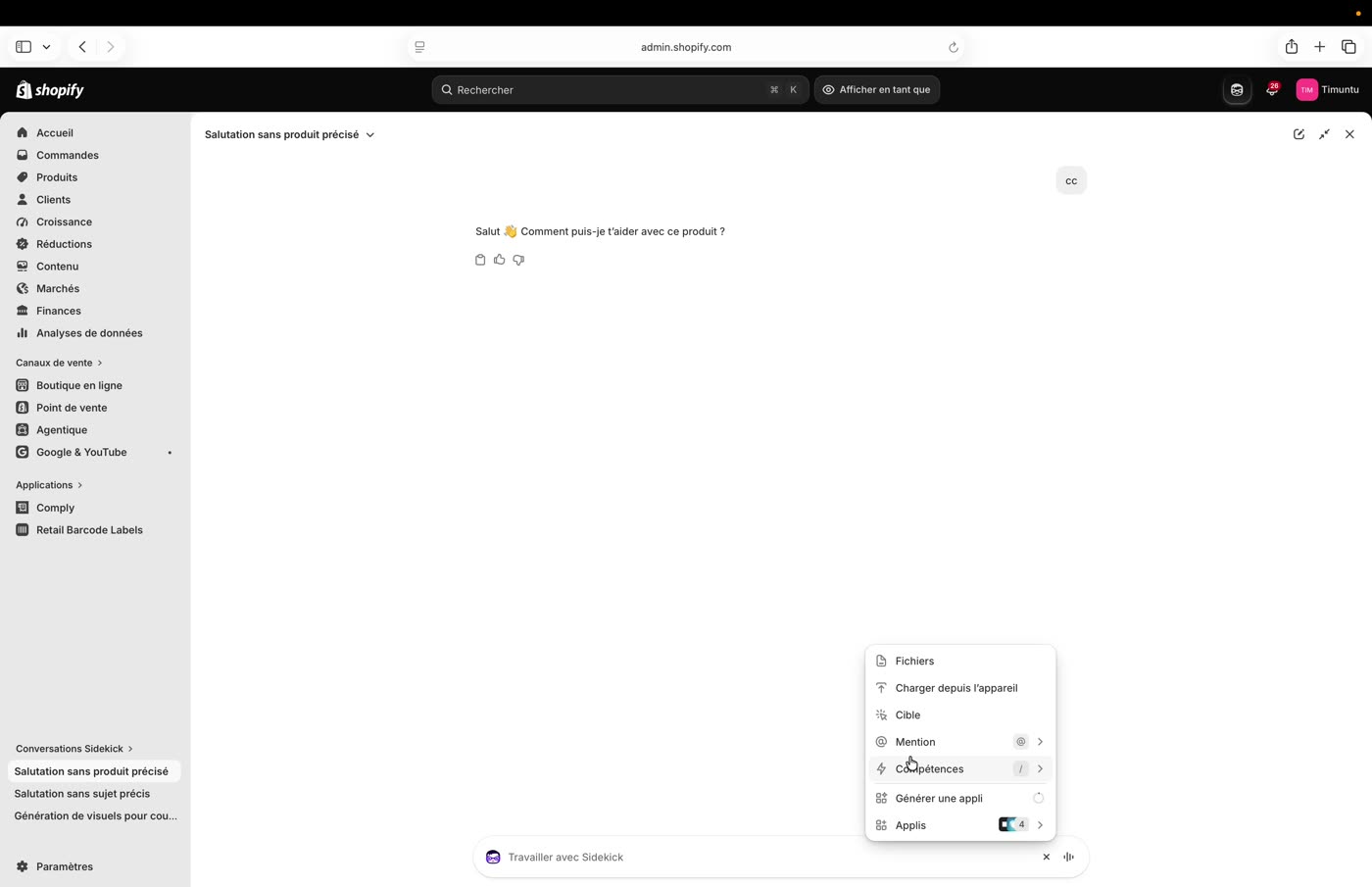 Menu du bouton plus de Sidekick : Fichiers, Charger depuis l'appareil, Cible, Mention, Compétences, Générer une appli, Applis
