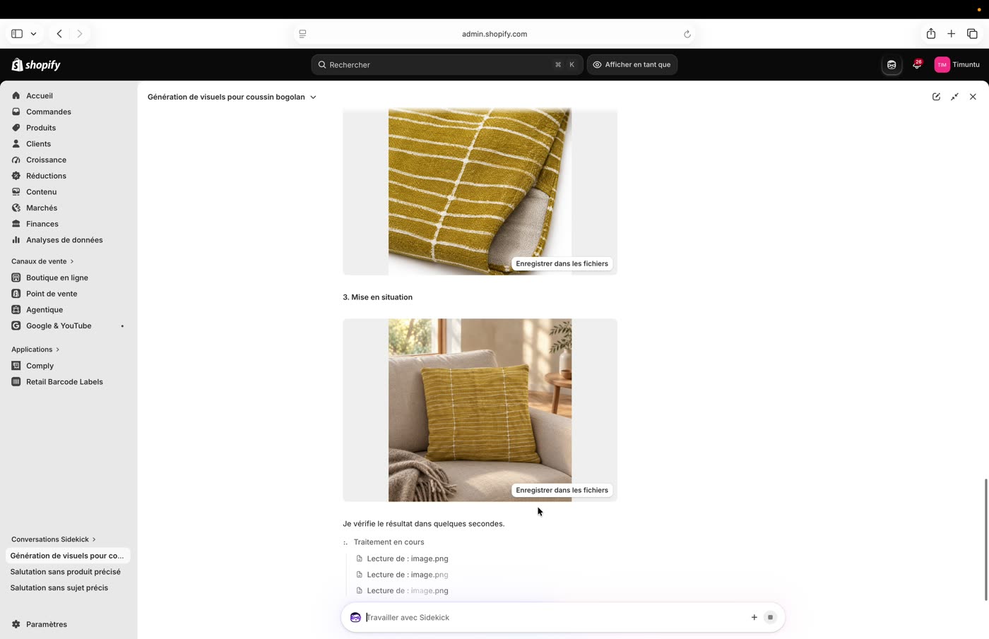Les trois visuels générés pour le coussin bogolan : détail de la matière et mise en situation sur un canapé